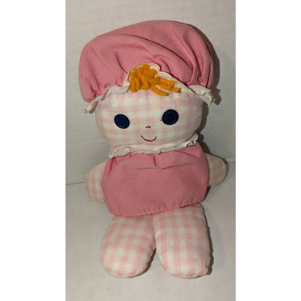 1975 Fisher Price Lolly Dolly Pink Gingham 12" Rattle Baby Doll Plush #420 Rare